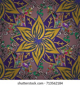 Seamless pattern with bright summer flowers in yellow, violet, neutral colors. Endless vector texture for romantic design, decoration, greeting cards, posters, wrapping, for textile print, fabric.