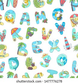 Seamless pattern of bright summer letters on white background, vacation at sea