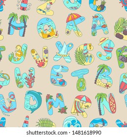 Seamless pattern of bright summer letters on beige sand background, vacation at sea
