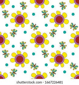 Seamless pattern with a bright summer print of flowers and butterflies. Vector illustration.