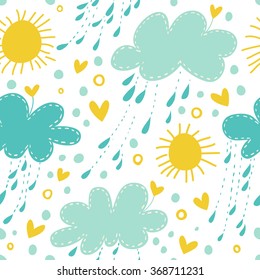Seamless pattern with bright sun and clouds.