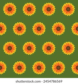 Patrón sin costuras con girasoles brillantes cuidadosamente alineados en filas sobre un fondo verde. Patrón de repetición para papel de envoltura, papel de regalo, textiles para niños, almohadas, etc. Ilustración vectorial.