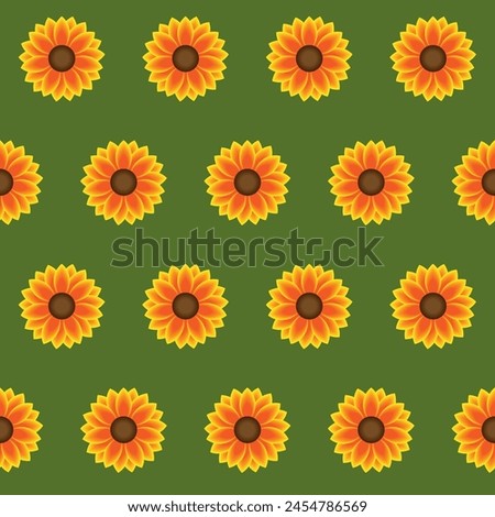 Seamless pattern with bright sunflowers neatly aligned in rows on a green background. Repeating pattern for wrapping paper, gift paper, children's textiles, pillows, etc. Vector illustration.