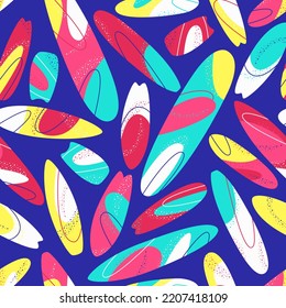 Seamless pattern with bright surfboards scattered in different directions. Pattern of summer clothes. Flat vector illustration.