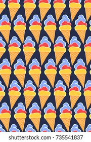 Seamless pattern with bright sweet pink hand drawn ice creams in cones on dark background for girl textile, wrapping paper, packaging, wallpaper, cover, surface