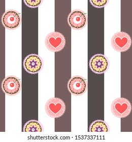 Seamless pattern with bright sweets and inscriptions.
This pattern can also be used for party decorations, greeting cards, invitations, cupcake toppers, favour tags, label stickers, scrapbooking