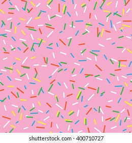 Seamless pattern bright tasty vector donuts sprinkles background. Doughnut background in cartoon style for donuts menu in cafe and shop.