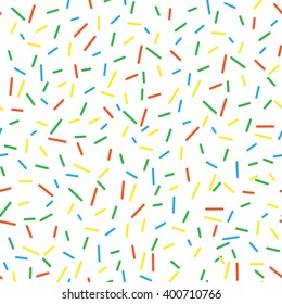 Seamless pattern bright tasty vector donuts sprinkles background. Background in cartoon style for menu in cafe and shop.