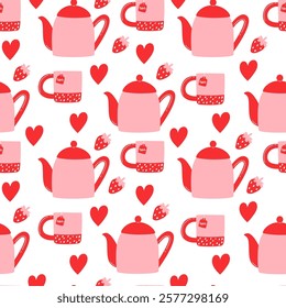 Seamless pattern with a bright teapot and cup set with strawberry hot tea