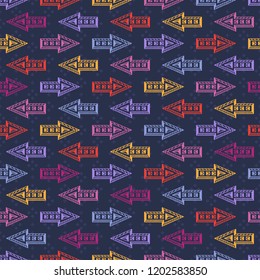Seamless pattern with bright textured multicolored arrows placed in left and right position on dark blue background