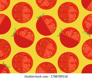 Seamless Pattern with Bright Tomato Slices and Leaves on a Colored Background. Fresh Vegetable Concept. Modern Abstract Design for Packaging, Print for Clothes, Fabric.