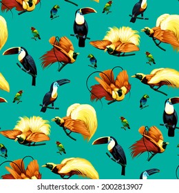 Seamless pattern with bright tropical birds