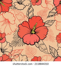 Seamless pattern with bright tropical flowers and leaves on a beige background