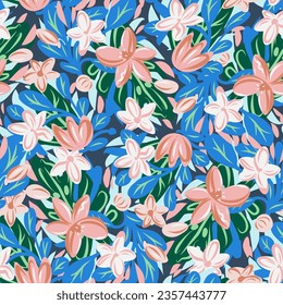 Seamless pattern with bright tropical flowers. Vector illustration