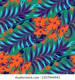 Seamless pattern with bright tropical flowers. Vector illustration