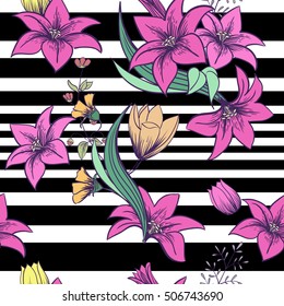 Seamless pattern with bright tropical flowers and black stripes. Pink lilies and tulips.