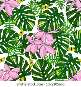 Seamless pattern with bright tropical leaves and flowers and butterflys