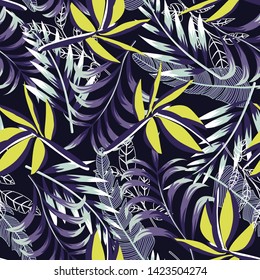 Seamless pattern with bright tropical leaves and plants on a delicate pastel background. Vector design. Jungle print. Floral background. Printing and textiles. Exotic tropics. Summer design.