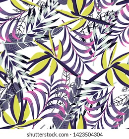 Seamless pattern with bright tropical leaves and plants on a gentle light background. Vector design. Jungle print. Floral background. Printing and textiles. Exotic tropics. Summer design.