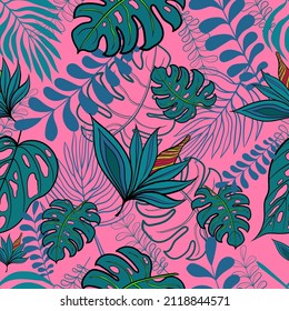 Seamless pattern of bright tropical leaves on a pink background