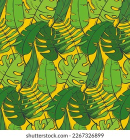Seamless pattern with bright tropical leaves. Wild jungle. Vector illustration in a flat style.
