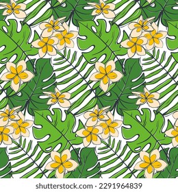 Seamless pattern with bright tropical leaves and frangipani flowers. Wild jungle. Vector illustration in a flat style.