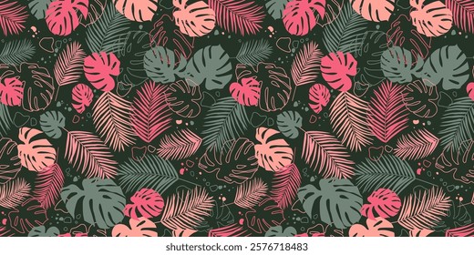 Seamless Pattern with Bright Tropical leaves. Summer Beach party. Beautiful jungle. Hawaiian tropical pattern, exotic palm leaves for invitation, advertisement, textile, fabric, packaging, wallpaper