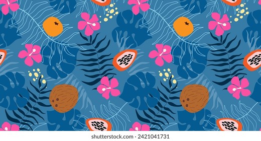 Seamless pattern with bright tropical ornaments. Jungle print with exotic fruits, flowers against a background of palm and montsera leaves. Vector graphics.