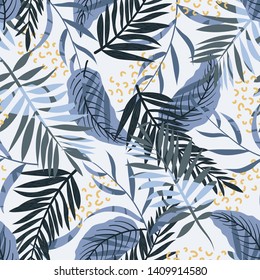 Seamless pattern with bright tropical plants on white background. Vector design. Jungle print. Textiles and printing.
