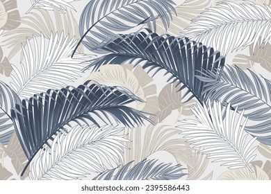 Seamless pattern with bright tropical plants on gray background. Vector design. Jungle print. Textile and print.