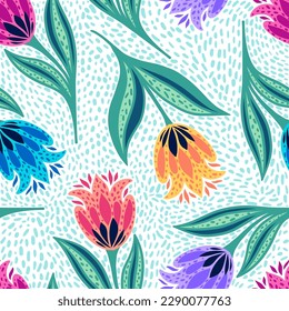 Patrón sin foco con tulipanes brillantes sobre fondo blanco. Con este patrón puedes hacer cualquier ropa, papeles pintados y otras cosas.  