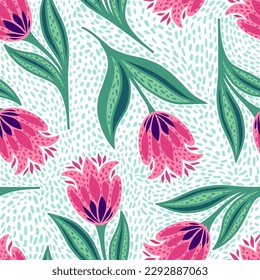 Seamless pattern with bright tulips on white background.With this pattern you can make any clothes, wallpapers and other things.  