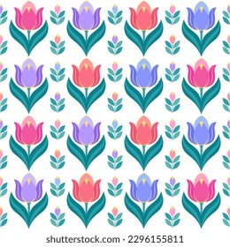 Seamless pattern with bright tulips on white background.With this pattern you can make any clothes, wallpapers and other things.  