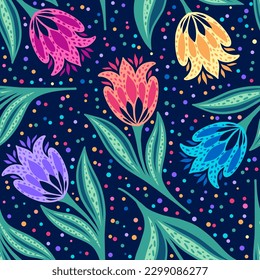 Seamless pattern with bright tulips on dark background. With this pattern you can make any clothes, wallpapers and other things.  