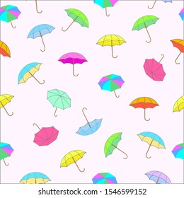 Seamless pattern of bright umbrellas on a pink background. Can be used for fabrics.