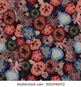 seamless pattern of bright, variegated flowers for prints on fabrics, clothes, carpets, curtains, packaging, as well as for decorating interiors in a festive style