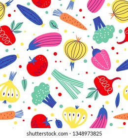 Seamless pattern with bright vegetables in hand drawn flat style on white background. Healthy nutrition texture. Vector illustration.