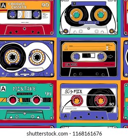 Seamless pattern with a bright Vintage different Audio Cassettes in Pop Art style. Wallpaper, Textil, t-shirt composition, hand drawn style print. Vector illustration.