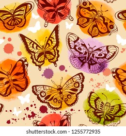 Seamless pattern with bright watercolor spots and butterflies. Vector illustration