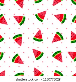 Seamless pattern of bright watermelon on polka dots background