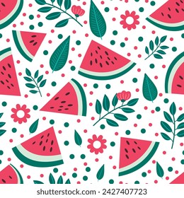 Seamless pattern, bright watermelon slices on a white background