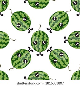 
Seamless pattern with bright watermelons with eyes and legs on a white background. Print for bed linen and fabrics, wrapping paper and wallpaper.
Stock vector illustration for decoration and design.