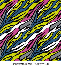 Seamless pattern with bright wavy stripes on a black background. Animal skin.