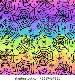Seamless pattern of bright wavy stripes and black web with spiders