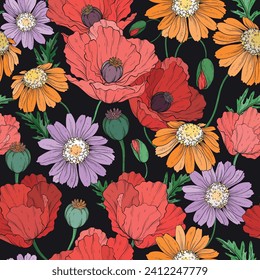 Seamless pattern with bright wildflowers poppy and chamomile, floral background. Vector illustration