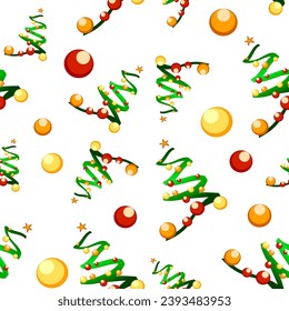 Seamless pattern, bright winter, New Year holidays, Christmas tree, christmas toys on white background