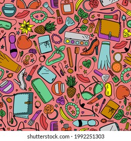 Seamless pattern with bright women accessories on a pink background in vector