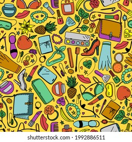 Seamless pattern with bright women accessories on a yellow background in vector