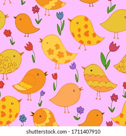 seamless pattern, in bright yellow, baby pattern, decorative small birds, ornament for wallpaper or fabrics, Easter, wrapping paper