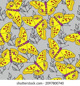Seamless pattern of bright yellow butterflies and gentle contour doodle twigs on a gray background vector illustration